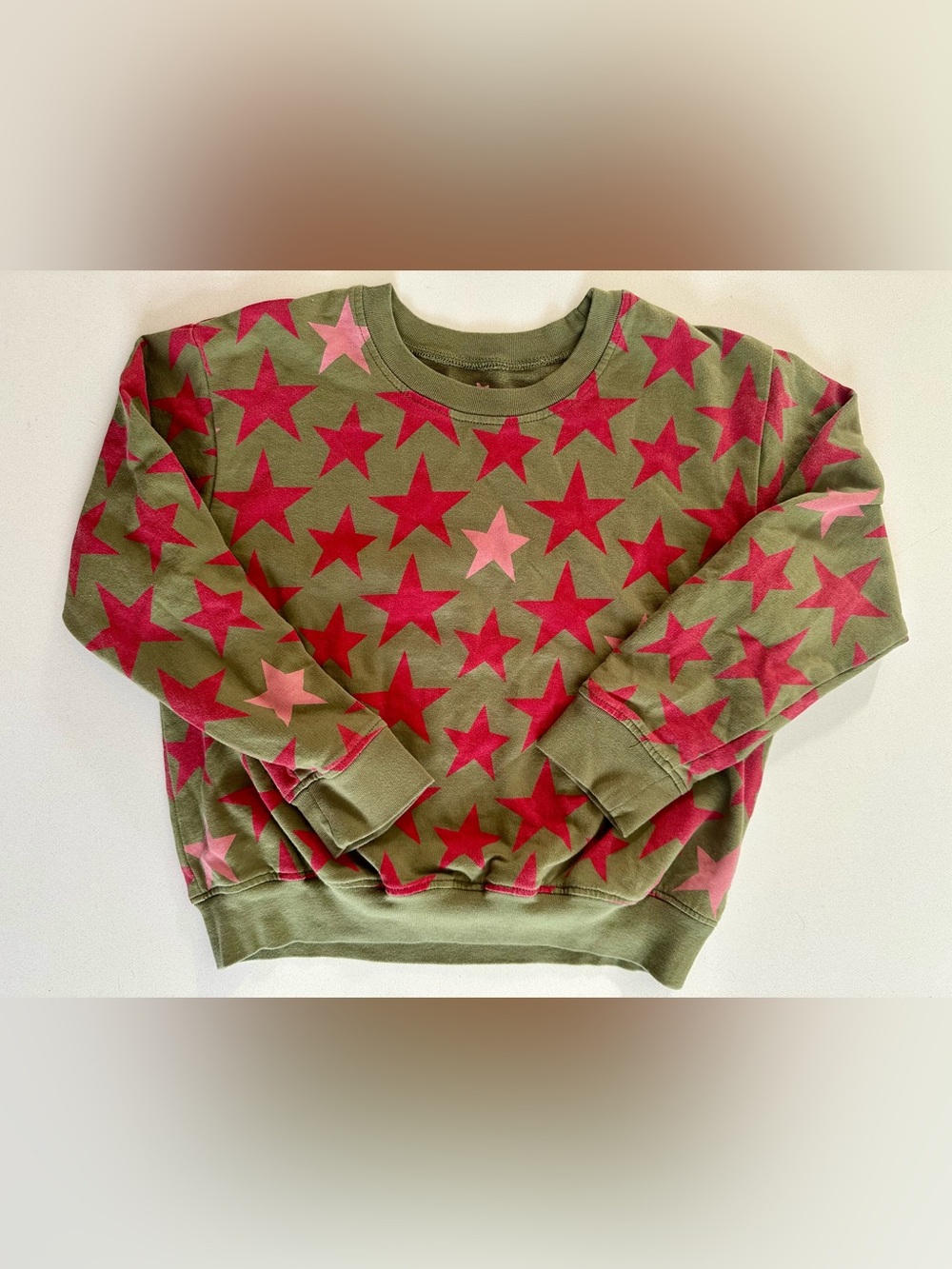 Pink Chicken Olive Green Crewneck Sweatshirt with Stars - Size 10Y